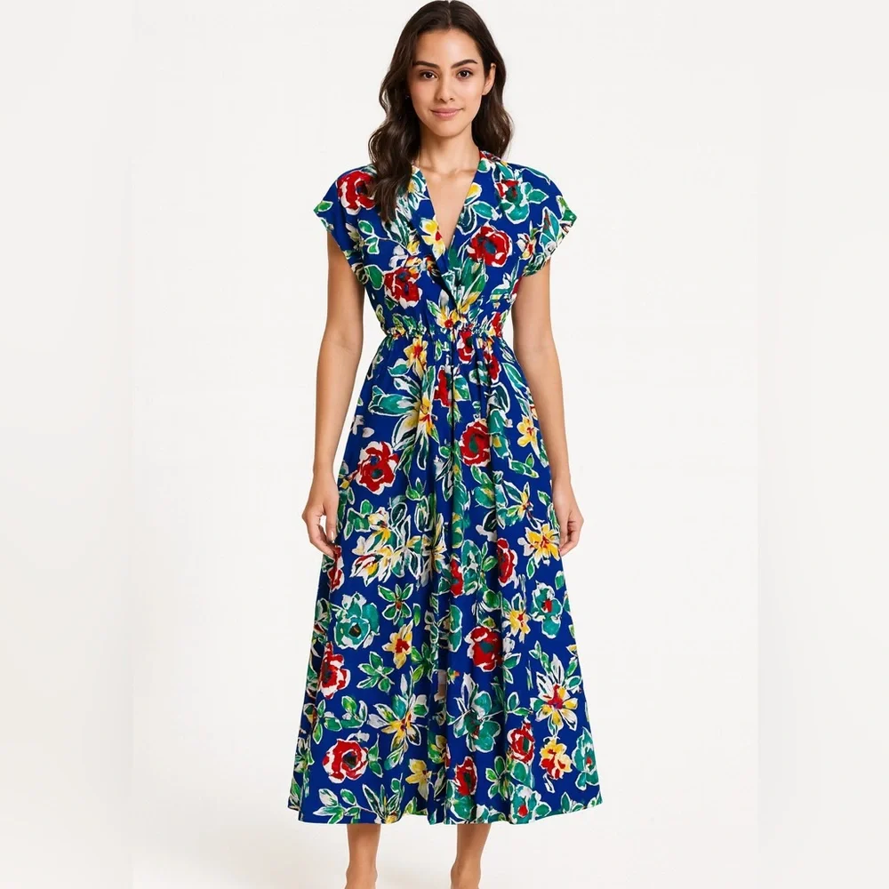 Vintage Melissa Lane Floral Dress 100% Cotton Multicolor Size 14 - Picture 1 of 12